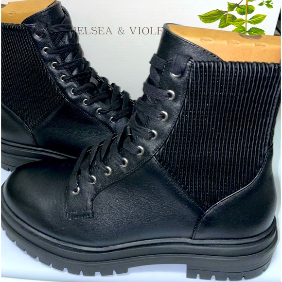 NIB Chelsea & Violet Rumi Leather Lace-Up Chunky Lug Sole Combat Booties Bla… - Picture 5 of 15